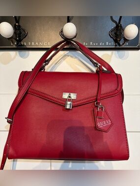 GUESS Red Top-Handle Satchel with Padlock Detail